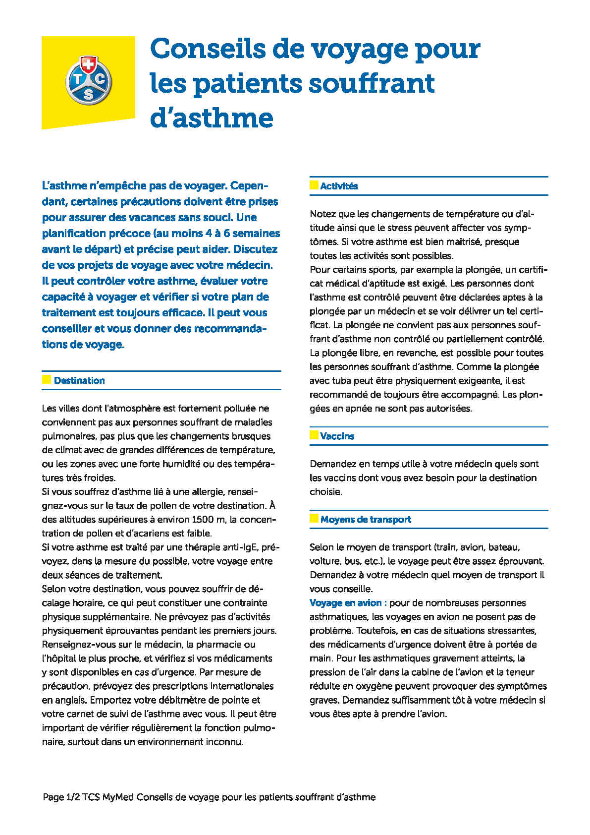 Fiche d‘information sur l'asthme